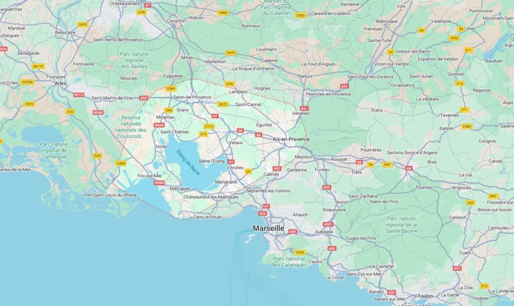 Carte de la Provence-Alpes-Côte d'Azur, région de Marseille. Villes: Aix-en-Provence, Arles, Toulon. Autoroutes A7, A8, A50, A51.